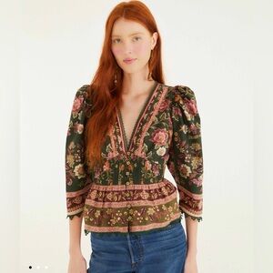 Farm Rio Green Flowering Garden Tree Blouse Size Medium